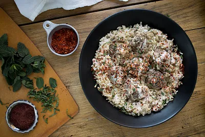 Kofte Meatballs with Marash Yogurt Sauce