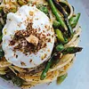 Spring Spaghetti with Dukkah Creme Fraiche