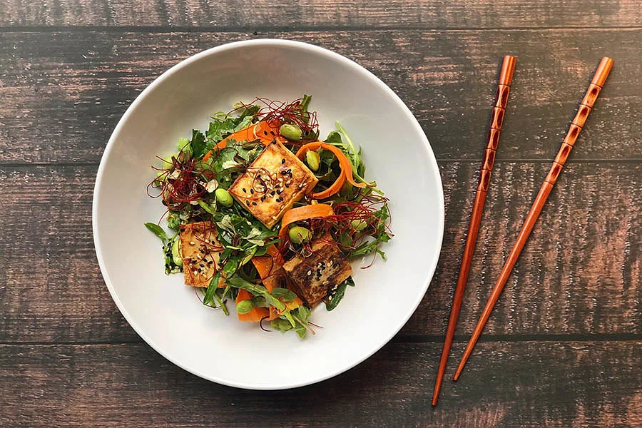 Crispy Tofu Salad with Turmeric Honey Ginger Vinaigrette